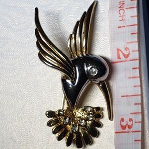 Vintage gold/silver tone Hummingbird Brooch, 2 inch, diamond rhinestones, pin